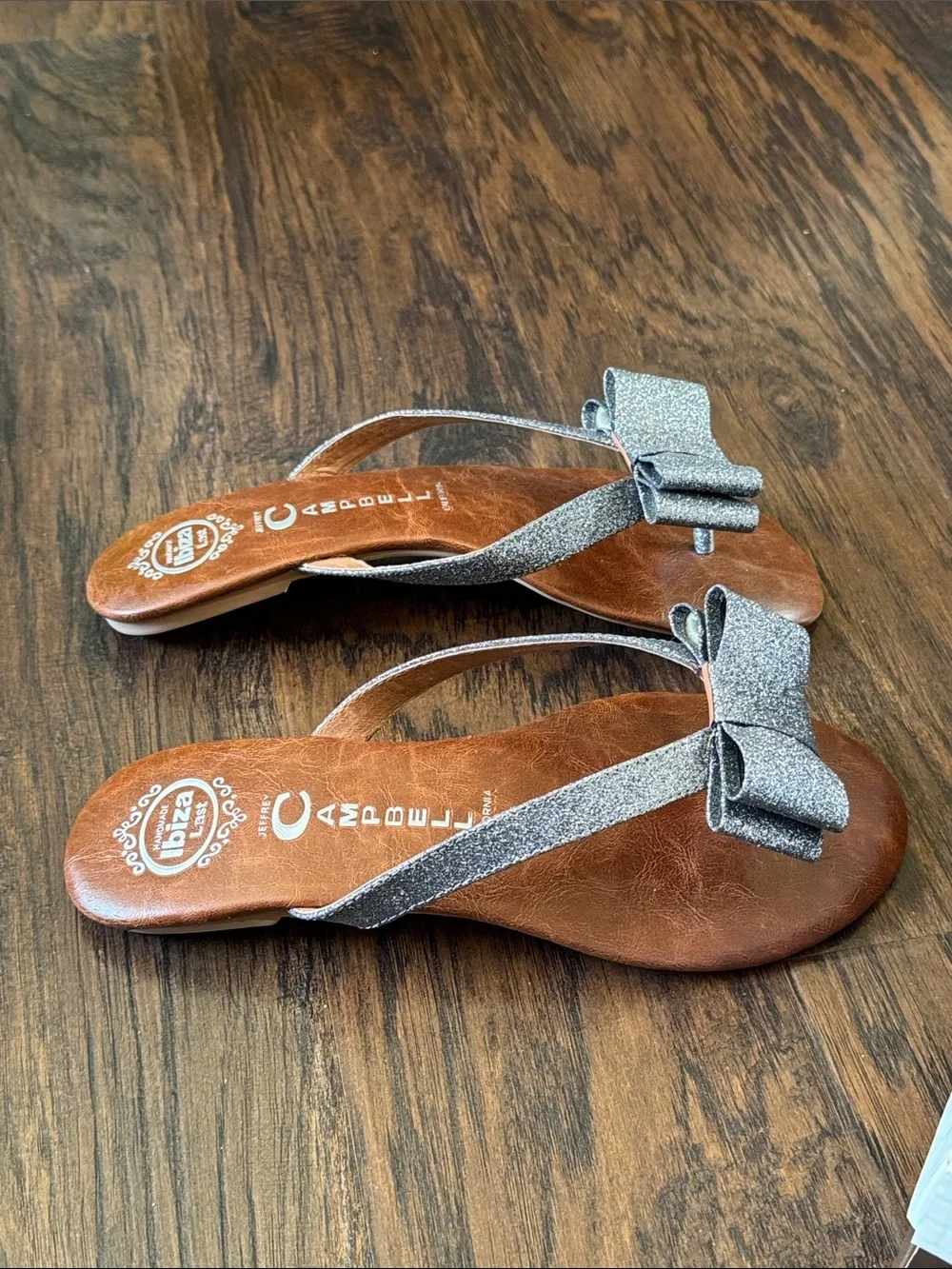Jeffrey Campbell New Brown Leather Sandals with Sparkly Silver Glitter Bow